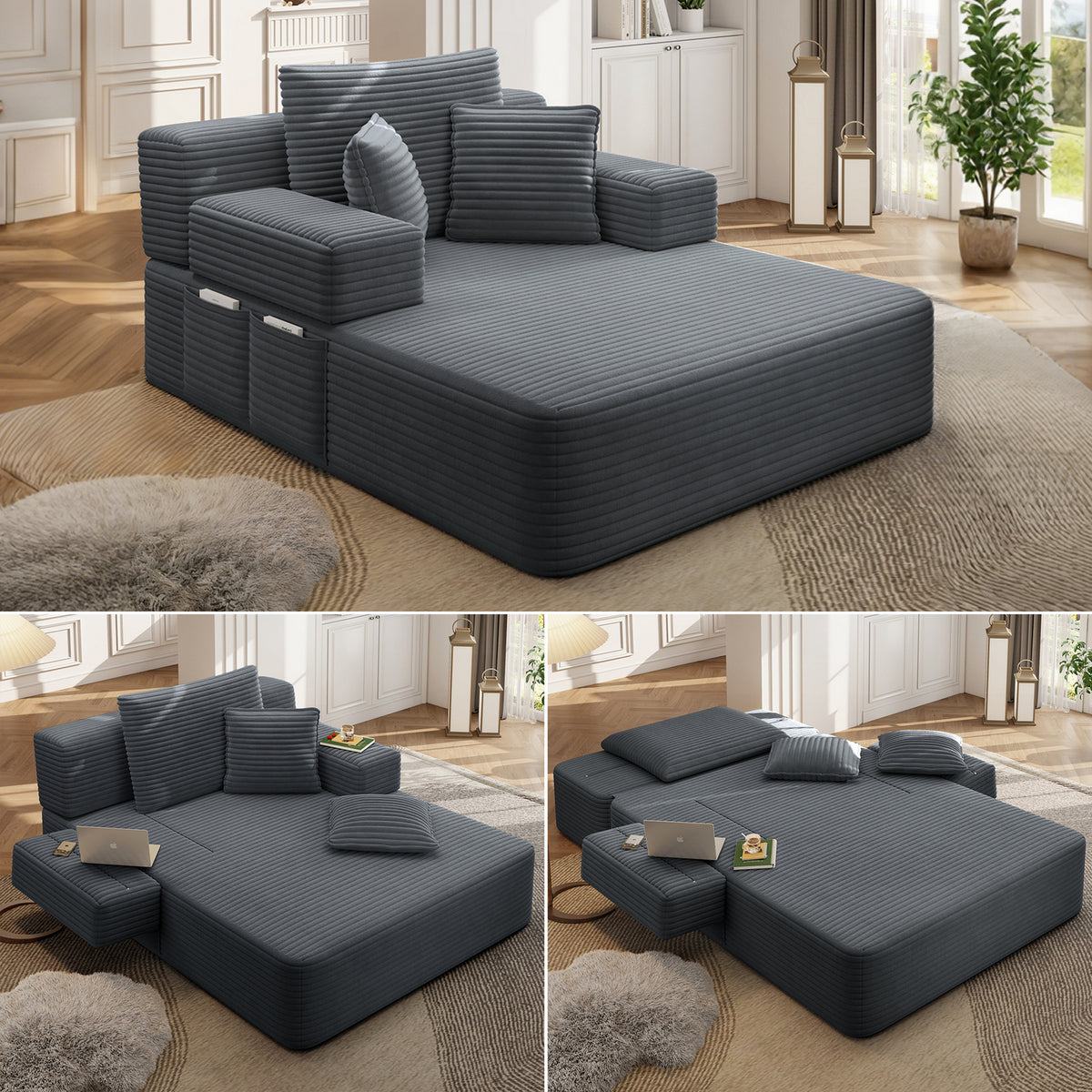 Oversized Plush Corduroy Chaise Lounge Sofa, Convertible Sleeper Couch Bed with Storage Pockets & 3 Pillows