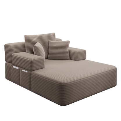 Oversized Plush Corduroy Chaise Lounge Sofa, Convertible Sleeper Couch Bed with Storage Pockets & 3 Pillows