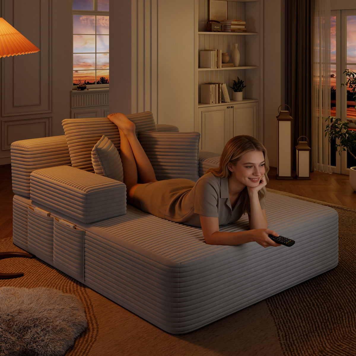 Oversized Plush Corduroy Chaise Lounge Sofa, Convertible Sleeper Couch Bed with Storage Pockets & 3 Pillows