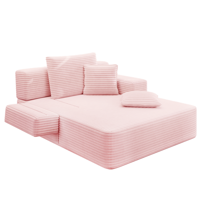 Oversized Plush Corduroy Chaise Lounge Sofa, Convertible Sleeper Couch Bed with Storage Pockets & 3 Pillows