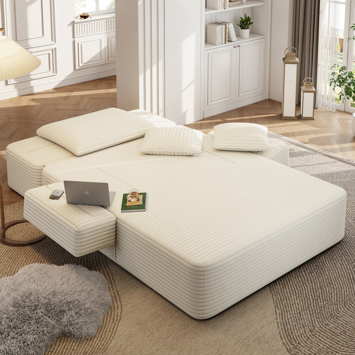 Oversized Plush Corduroy Chaise Lounge Sofa, Convertible Sleeper Couch Bed with Storage Pockets & 3 Pillows