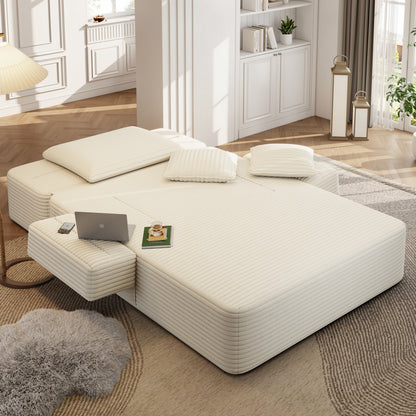 Oversized Plush Corduroy Chaise Lounge Sofa, Convertible Sleeper Couch Bed with Storage Pockets & 3 Pillows
