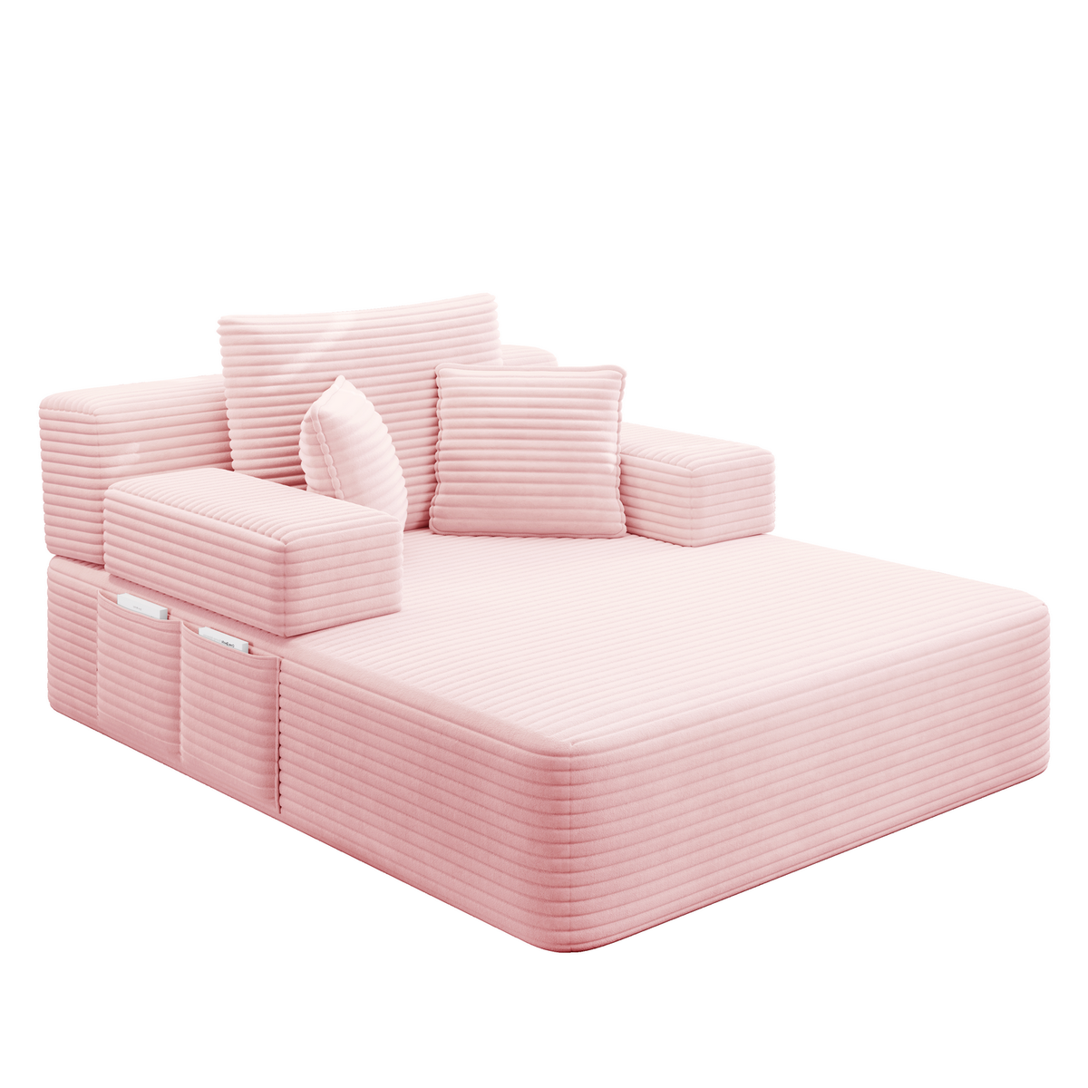 Oversized Plush Corduroy Chaise Lounge Sofa, Convertible Sleeper Couch Bed with Storage Pockets & 3 Pillows