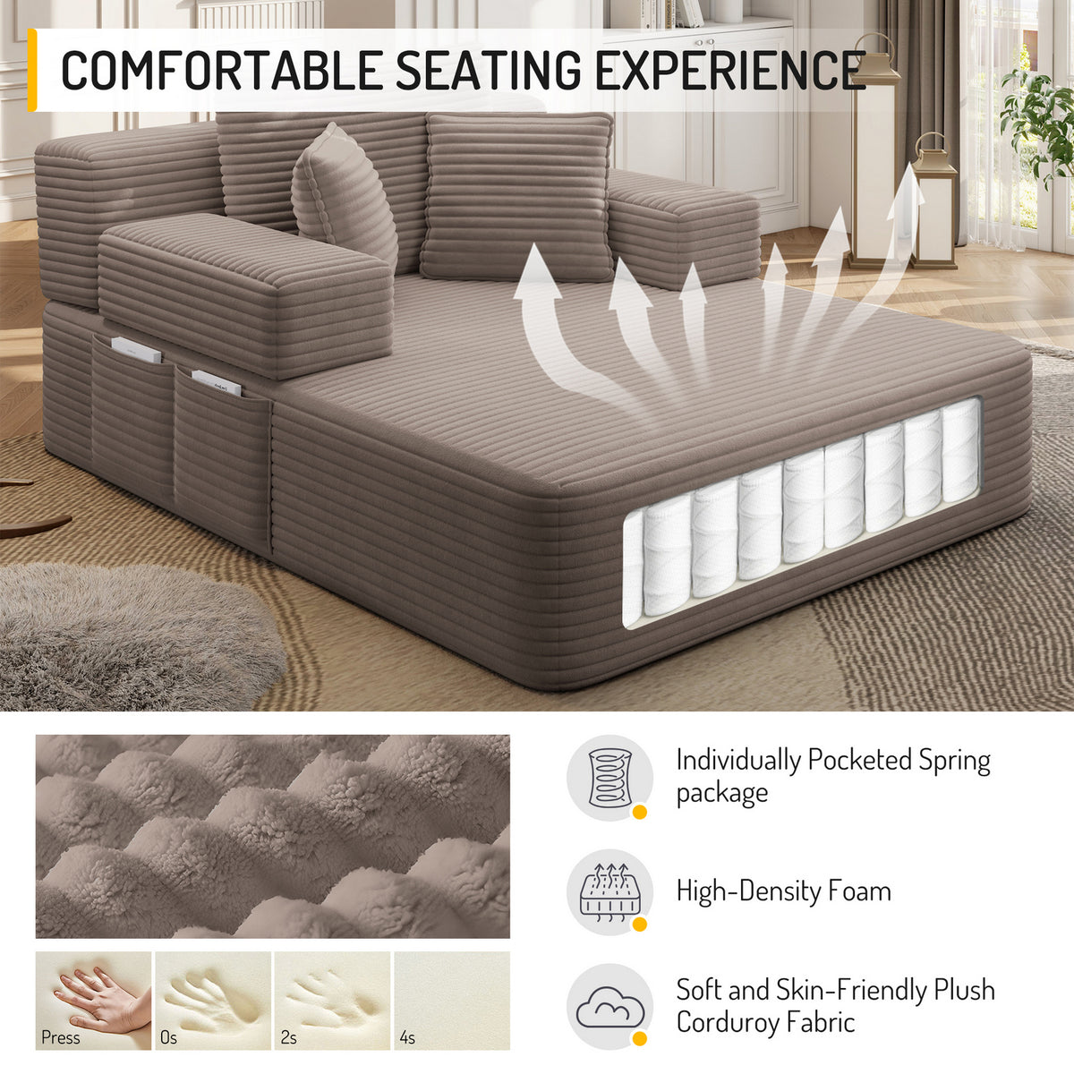 Oversized Plush Corduroy Chaise Lounge Sofa, Convertible Sleeper Couch Bed with Storage Pockets & 3 Pillows