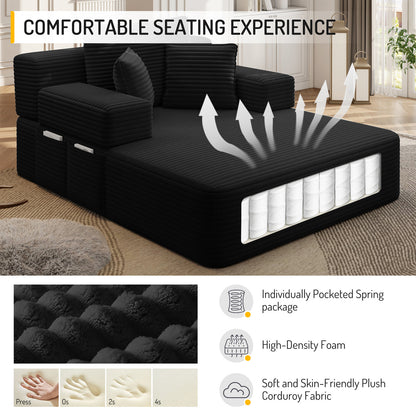 Oversized Plush Corduroy Chaise Lounge Sofa, Convertible Sleeper Couch Bed with Storage Pockets & 3 Pillows