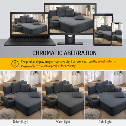 Oversized Plush Corduroy Chaise Lounge Sofa, Convertible Sleeper Couch Bed with Storage Pockets & 3 Pillows