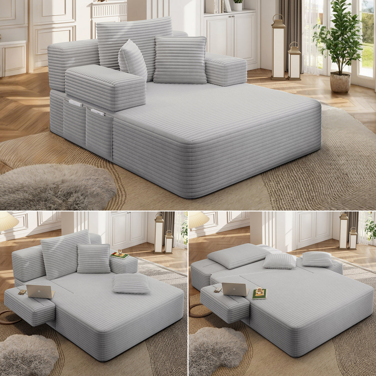 Oversized Plush Corduroy Chaise Lounge Sofa, Convertible Sleeper Couch Bed with Storage Pockets & 3 Pillows