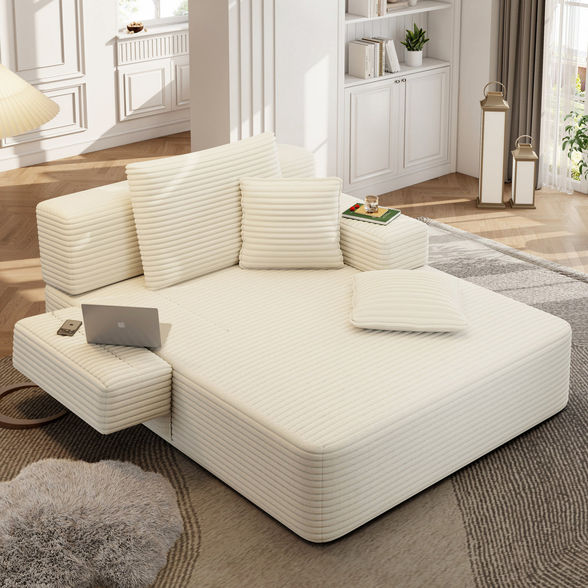 Oversized Plush Corduroy Chaise Lounge Sofa, Convertible Sleeper Couch Bed with Storage Pockets & 3 Pillows