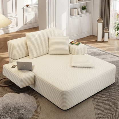 Oversized Plush Corduroy Chaise Lounge Sofa, Convertible Sleeper Couch Bed with Storage Pockets & 3 Pillows
