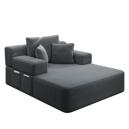 Oversized Plush Corduroy Chaise Lounge Sofa, Convertible Sleeper Couch Bed with Storage Pockets & 3 Pillows
