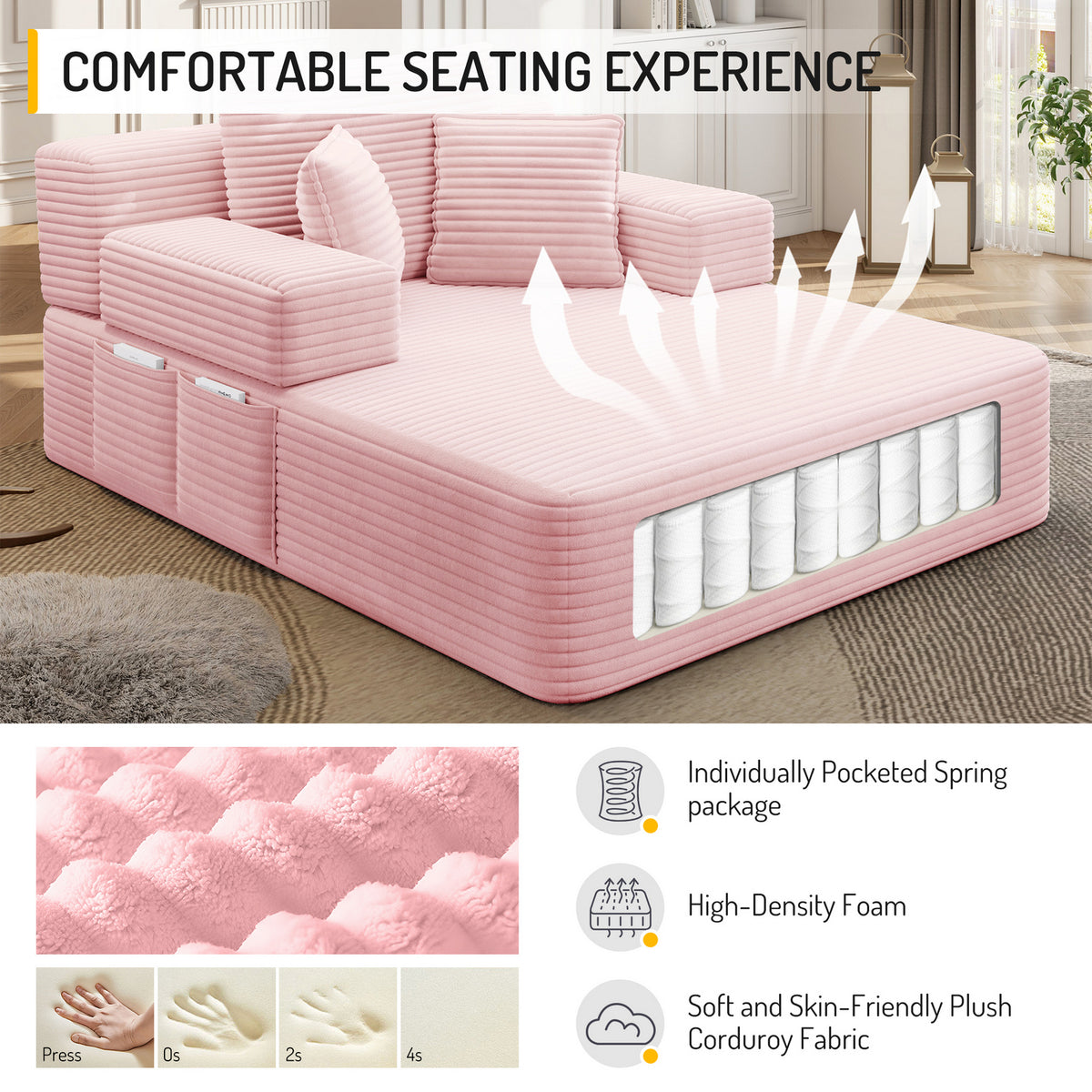 Oversized Plush Corduroy Chaise Lounge Sofa, Convertible Sleeper Couch Bed with Storage Pockets & 3 Pillows