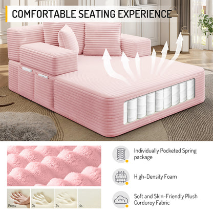 Oversized Plush Corduroy Chaise Lounge Sofa, Convertible Sleeper Couch Bed with Storage Pockets & 3 Pillows