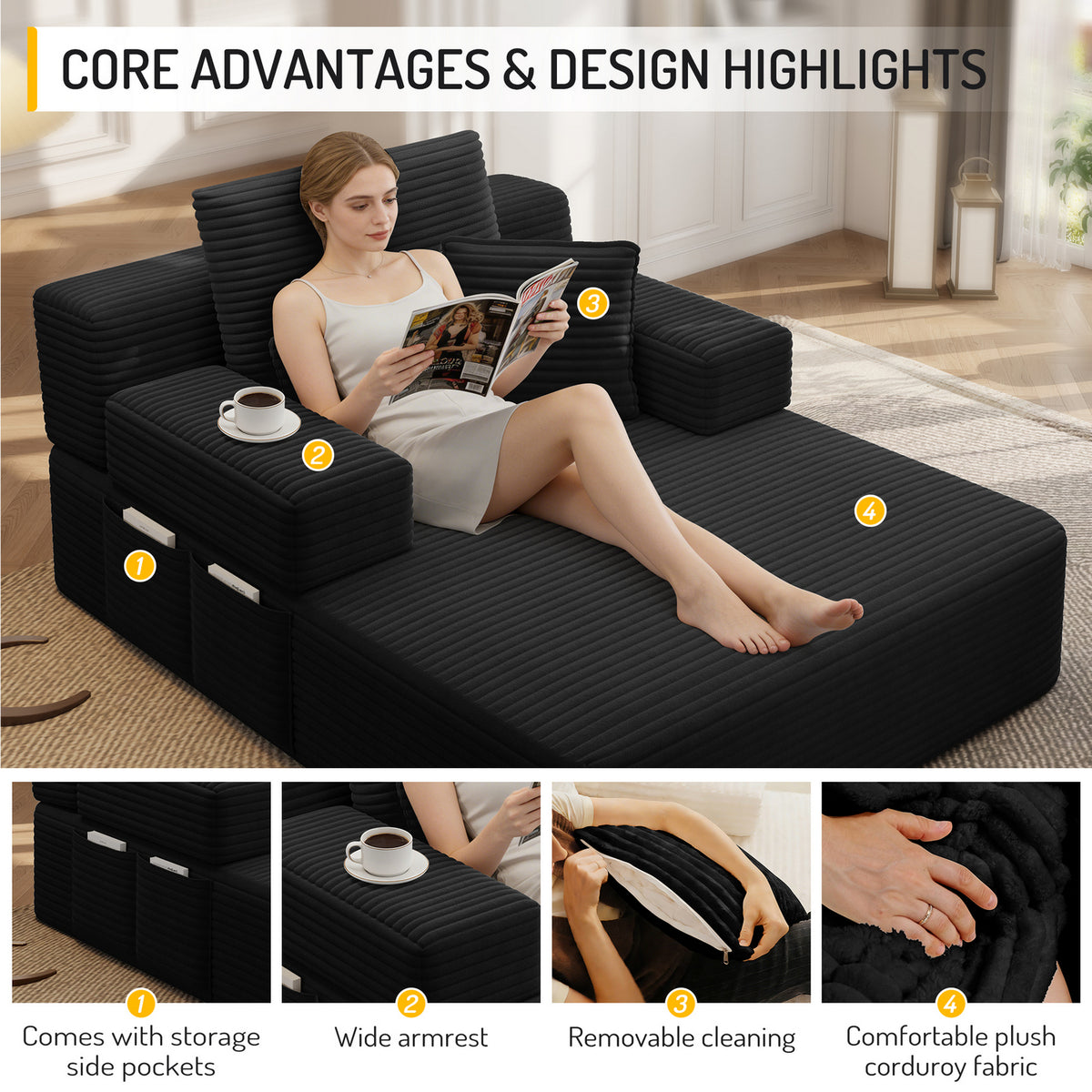 Oversized Plush Corduroy Chaise Lounge Sofa, Convertible Sleeper Couch Bed with Storage Pockets & 3 Pillows