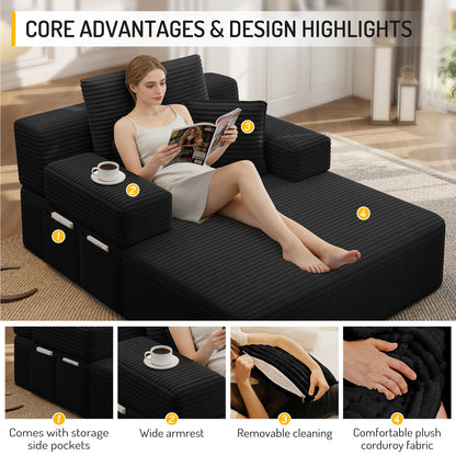 Oversized Plush Corduroy Chaise Lounge Sofa, Convertible Sleeper Couch Bed with Storage Pockets & 3 Pillows