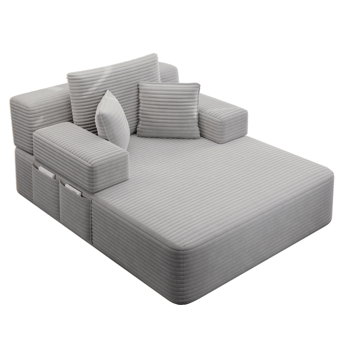 Oversized Plush Corduroy Chaise Lounge Sofa, Convertible Sleeper Couch Bed with Storage Pockets & 3 Pillows