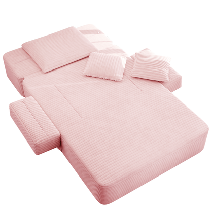 Oversized Plush Corduroy Chaise Lounge Sofa, Convertible Sleeper Couch Bed with Storage Pockets & 3 Pillows