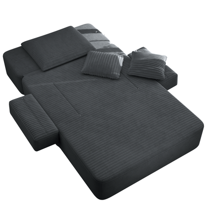 Oversized Plush Corduroy Chaise Lounge Sofa, Convertible Sleeper Couch Bed with Storage Pockets & 3 Pillows