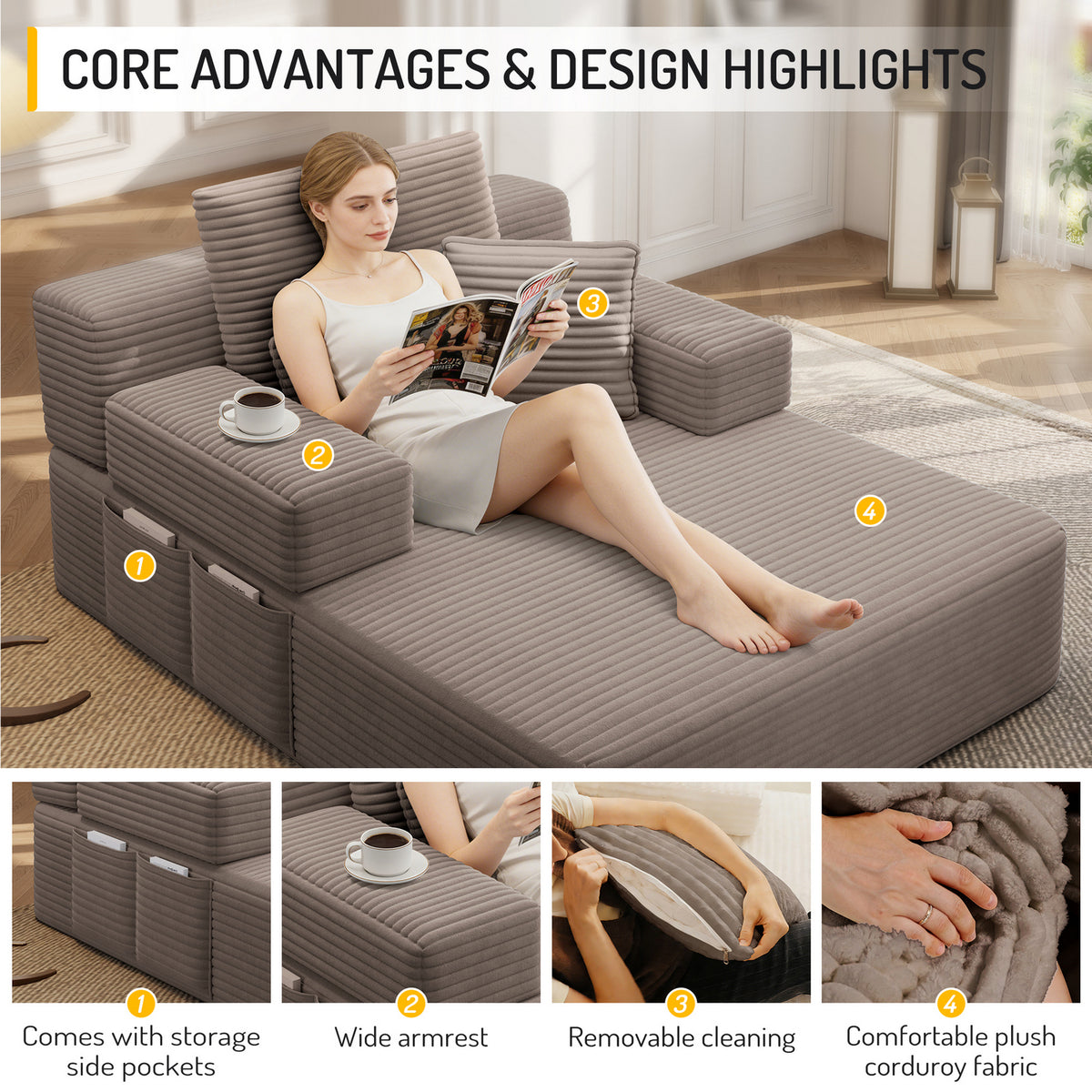 Oversized Plush Corduroy Chaise Lounge Sofa, Convertible Sleeper Couch Bed with Storage Pockets & 3 Pillows