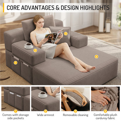 Oversized Plush Corduroy Chaise Lounge Sofa, Convertible Sleeper Couch Bed with Storage Pockets & 3 Pillows