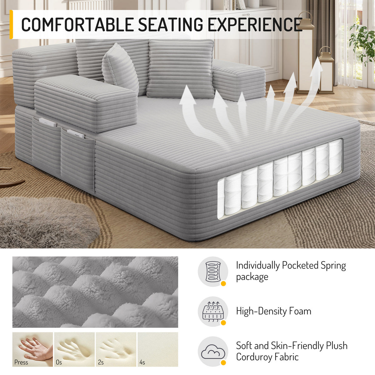 Oversized Plush Corduroy Chaise Lounge Sofa, Convertible Sleeper Couch Bed with Storage Pockets & 3 Pillows