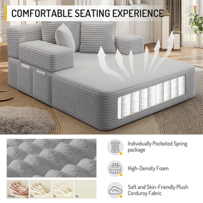 Oversized Plush Corduroy Chaise Lounge Sofa, Convertible Sleeper Couch Bed with Storage Pockets & 3 Pillows