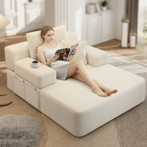 Oversized Plush Corduroy Chaise Lounge Sofa, Convertible Sleeper Couch Bed with Storage Pockets & 3 Pillows