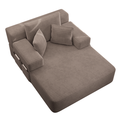 Oversized Plush Corduroy Chaise Lounge Sofa, Convertible Sleeper Couch Bed with Storage Pockets & 3 Pillows