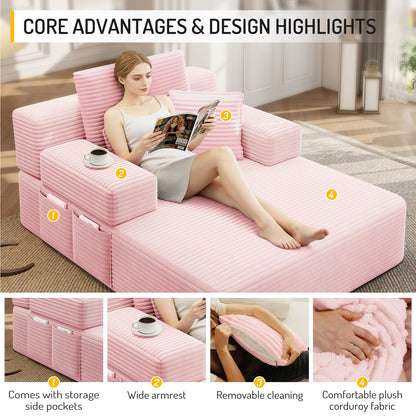 Oversized Plush Corduroy Chaise Lounge Sofa, Convertible Sleeper Couch Bed with Storage Pockets & 3 Pillows