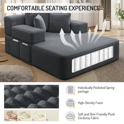 Oversized Plush Corduroy Chaise Lounge Sofa, Convertible Sleeper Couch Bed with Storage Pockets & 3 Pillows