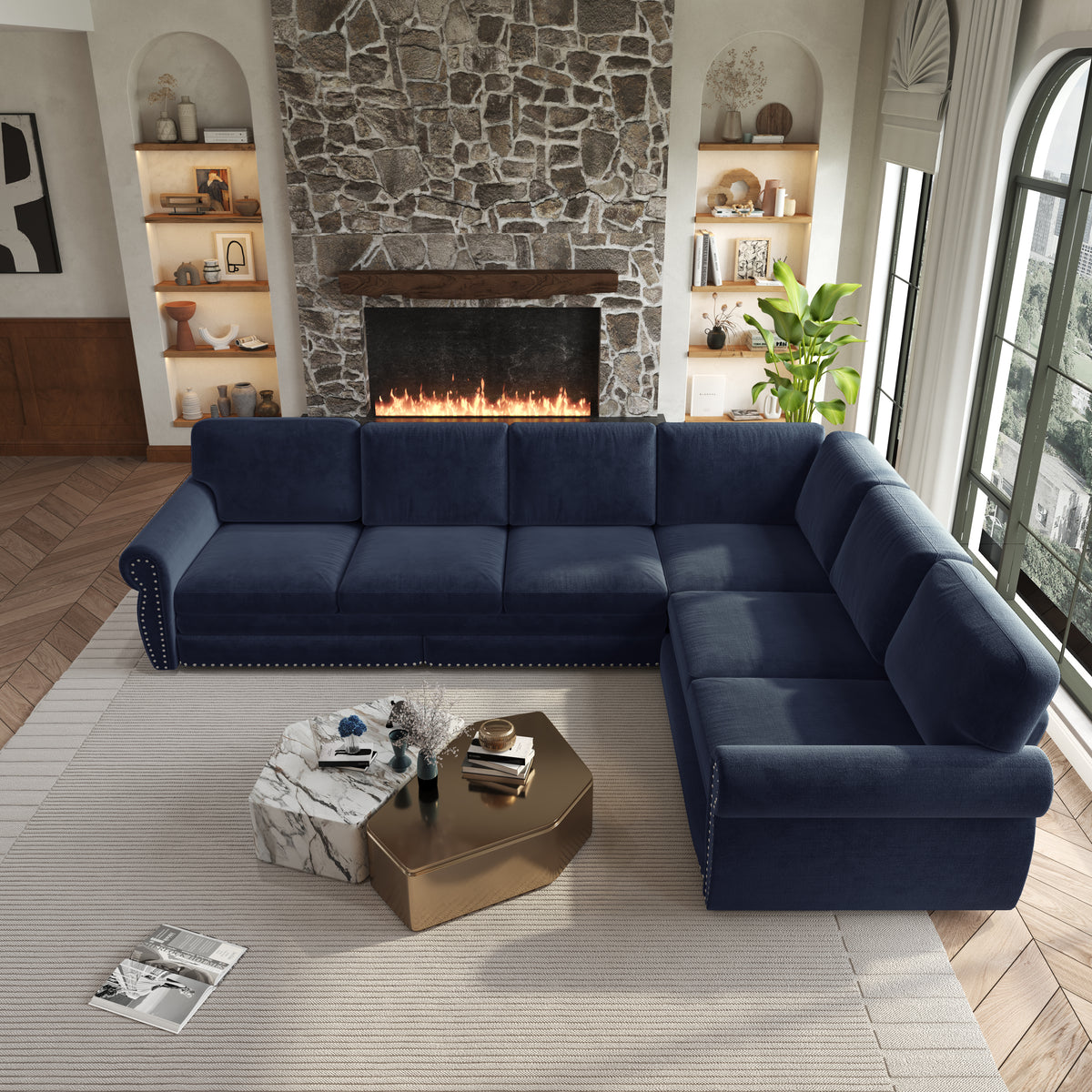 118" Oversized Convertible Sleeper Sofa with Nailhead Trim, L-Shaped Couch