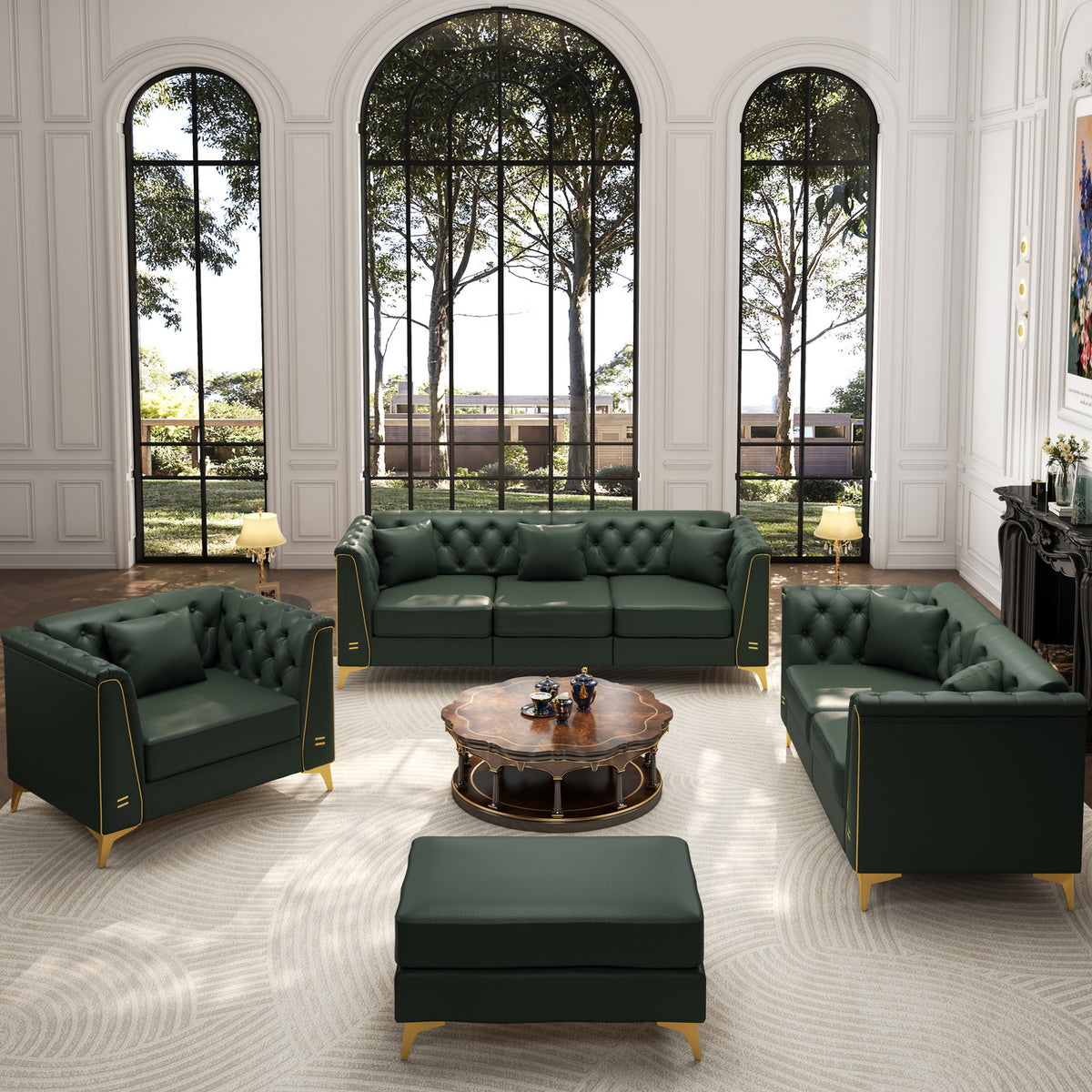 6 Pillows Light Luxury Chesterfield Sofa, Faux Leather, Thin Metal Legs, Metal Trim Armrests & Button Tufting