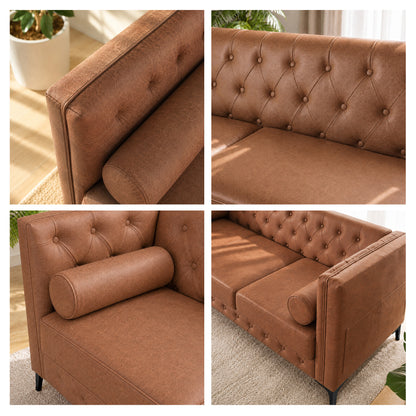 Brown Leather Sofa, Classic 3-Seater Living Room Couch with Button Tufted Design, Pocket Spring Cushion and Sturdy Wood Frame