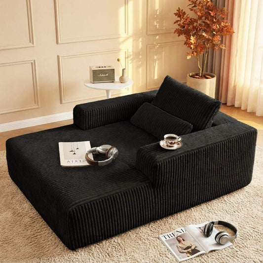 Black Corduroy Chaise Lounge Sofa, Oversized Single Leisure Chair with Square Arms, Support Pillows, No Assembly Needed for Living Room