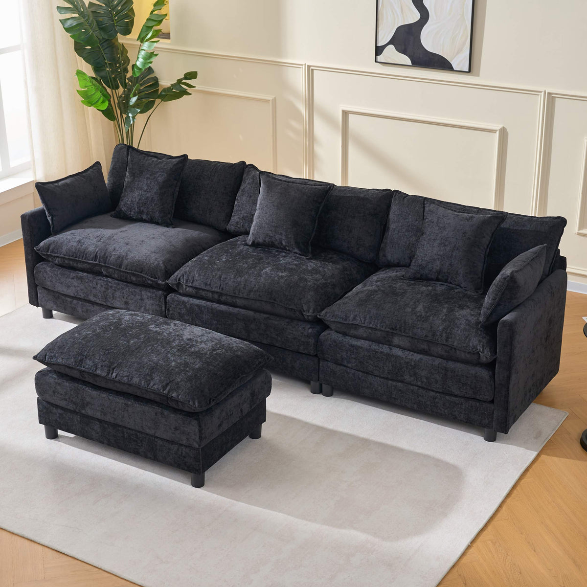 108" 4-Seater L-Shaped Modular Chenille Sofa with Ottoman, Deep Seat Cloud Couch
