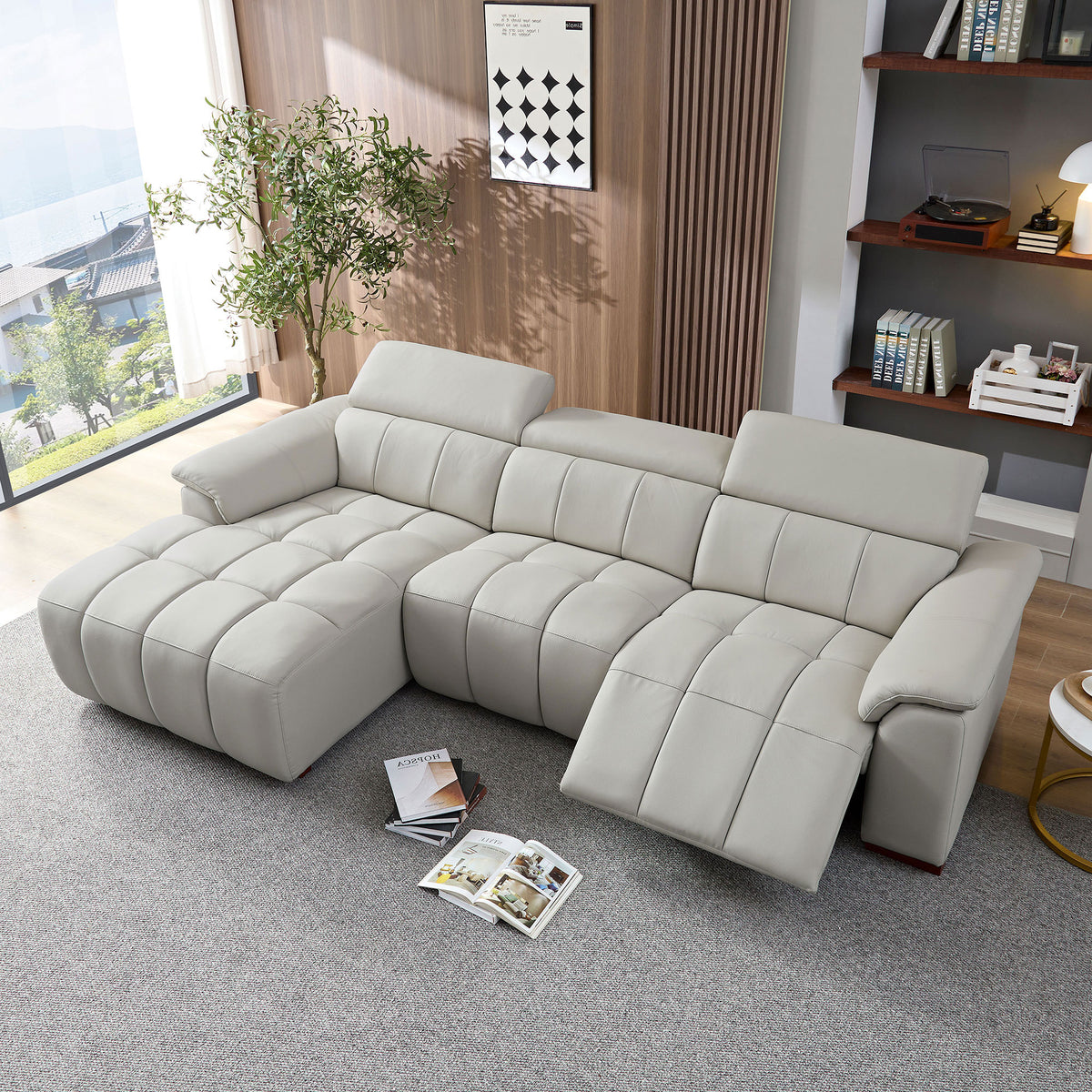 Modern Electric Wall-Hugger Reclining L-Shaped Leather Sofa with USB Port