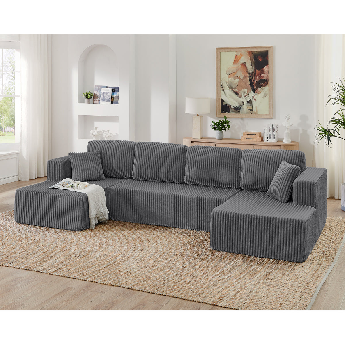 U-Shaped Modular Corduroy Sectional Sofa, Compressed Sleeper Couch