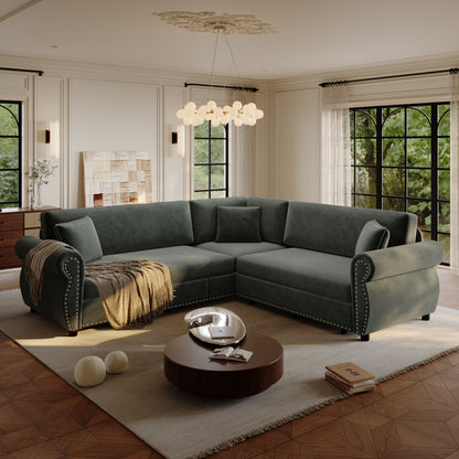88.2" L-Shaped Chenille Sectional Sofa with Pull-Out Bed & Rolled Arm
