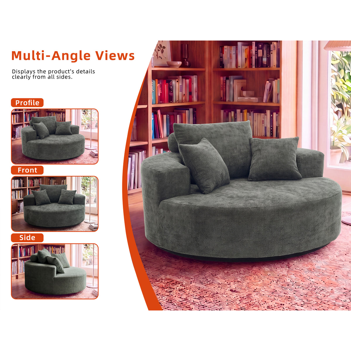 55" Oversized Round Swivel Chair, 360° Rotating Chenille Accent Chair