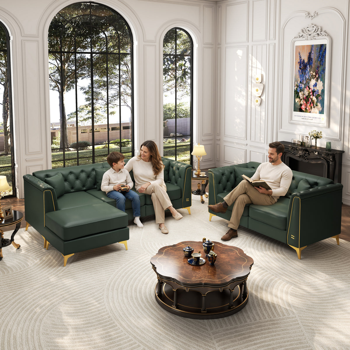 5 Pillows Light Luxury Chesterfield Sofa, Faux Leather, Metal Trim Armrests, Button Tufting & Thin Metal Legs