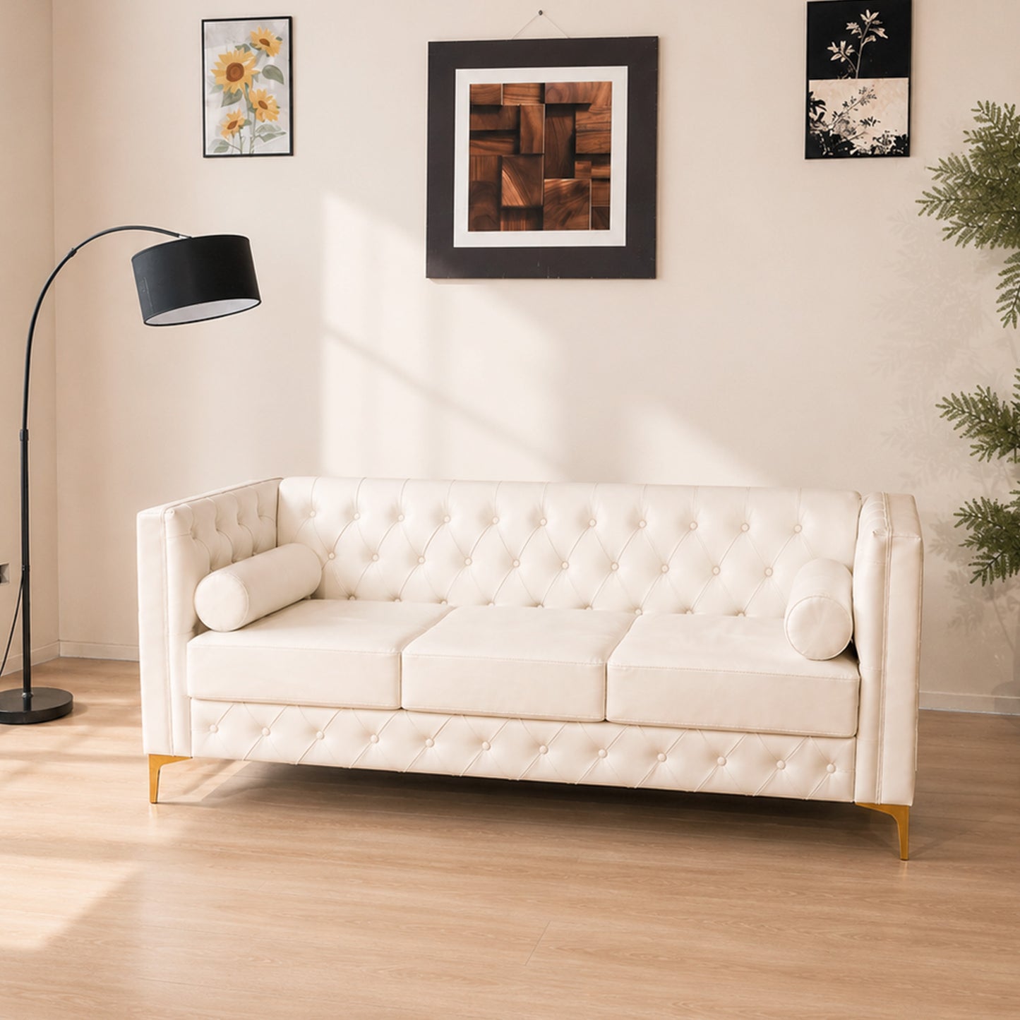White Faux Leather Couch, Modern Tufted 3-Seat Sofa with Decorative Pillows, Metal Legs and High-Rebound Sponge Comfort for Home