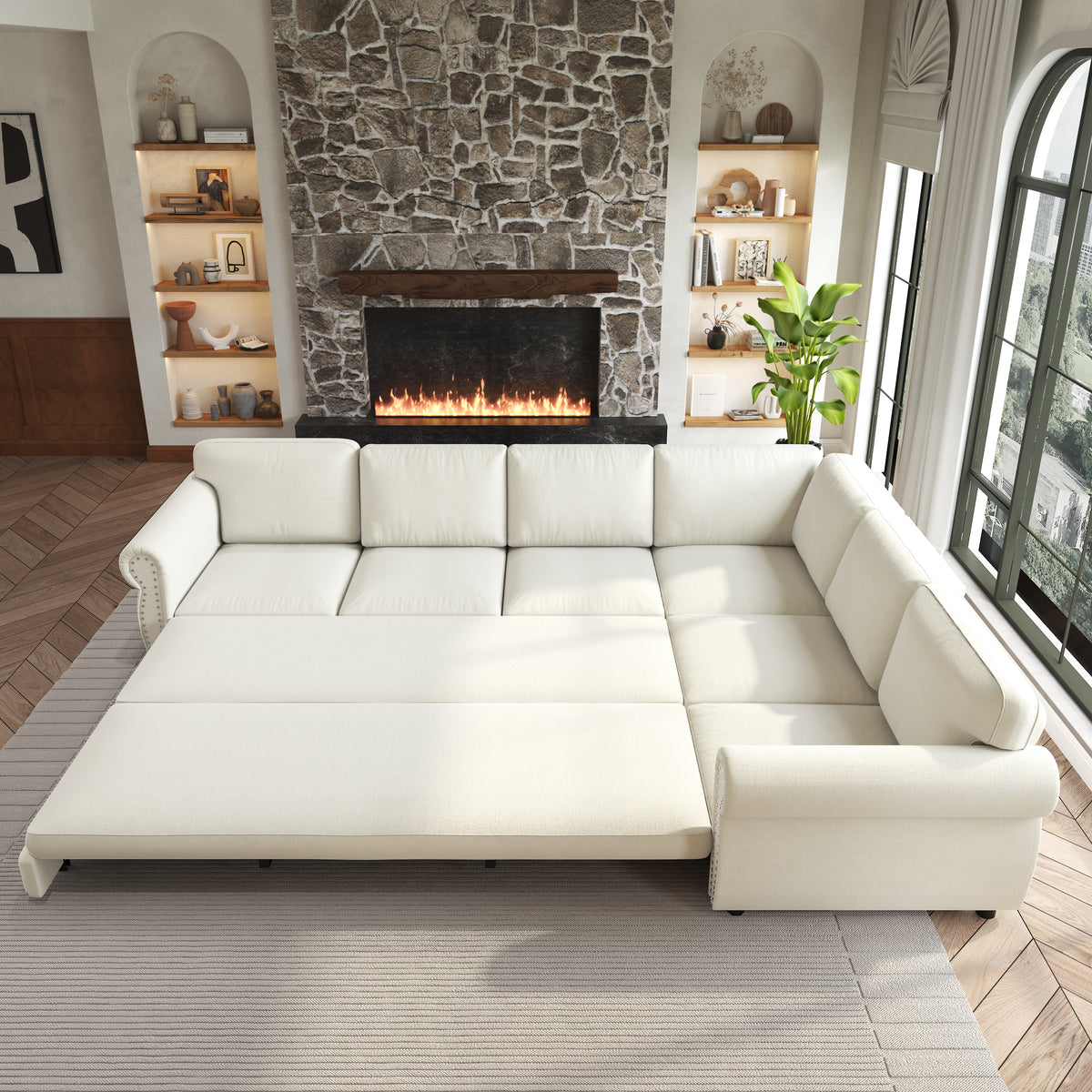 L-Shaped Chenille Sectional Sofa with Pull-Out Bed & Rolled Arm