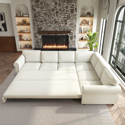 L-Shaped Chenille Sectional Sofa with Pull-Out Bed & Rolled Arm