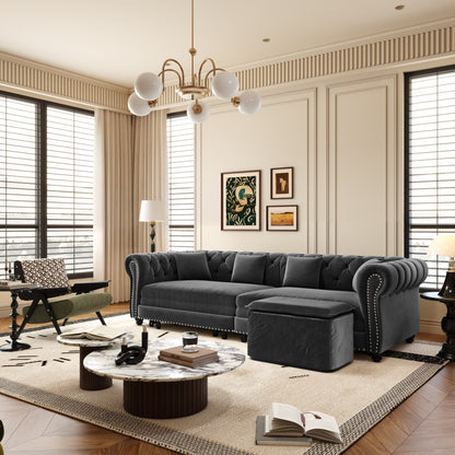 89" 3-Seater Velvet Chesterfield Sofa Bed with Movable Ottoman