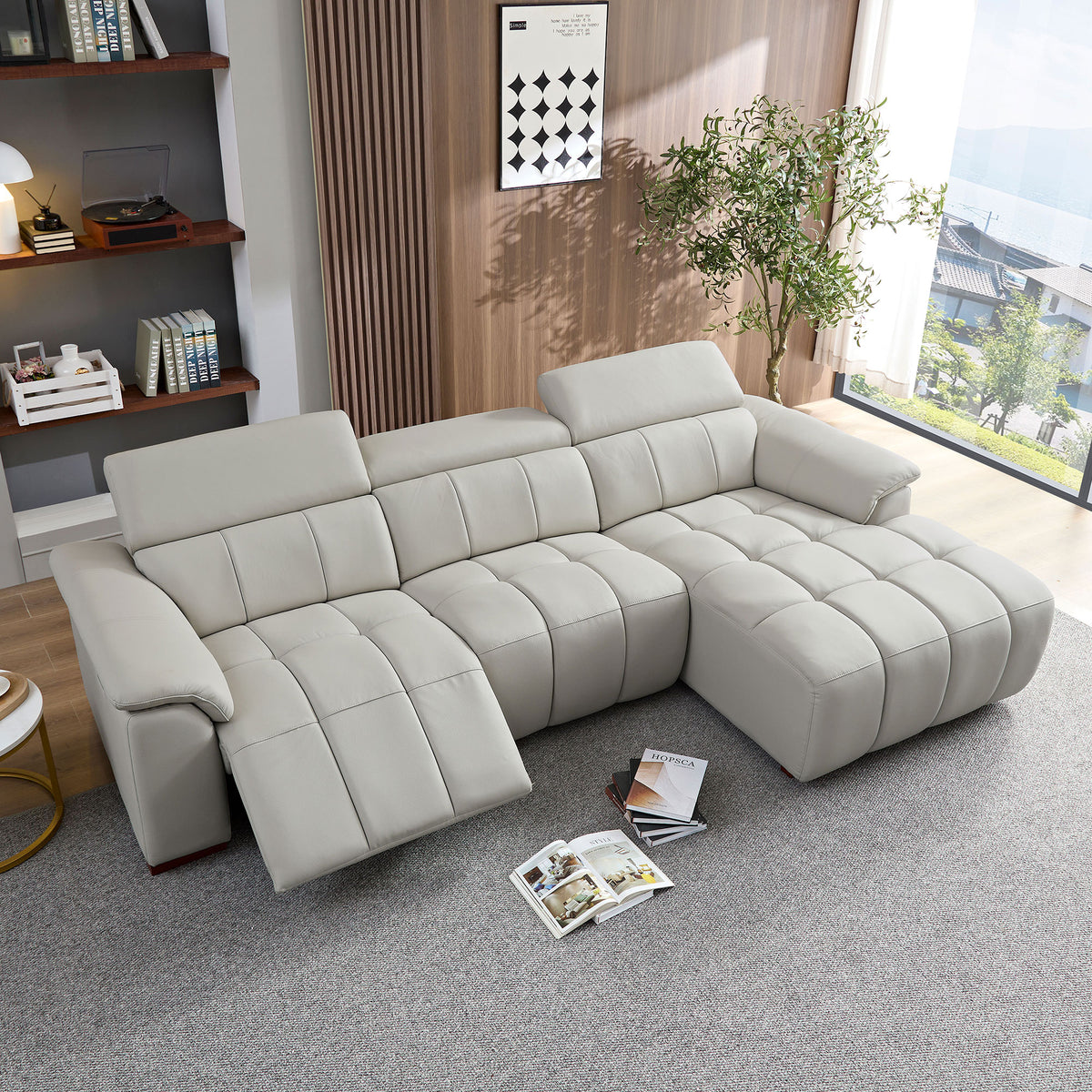 Modern Electric Wall-Hugger Reclining L-Shaped Leather Sofa with USB Port