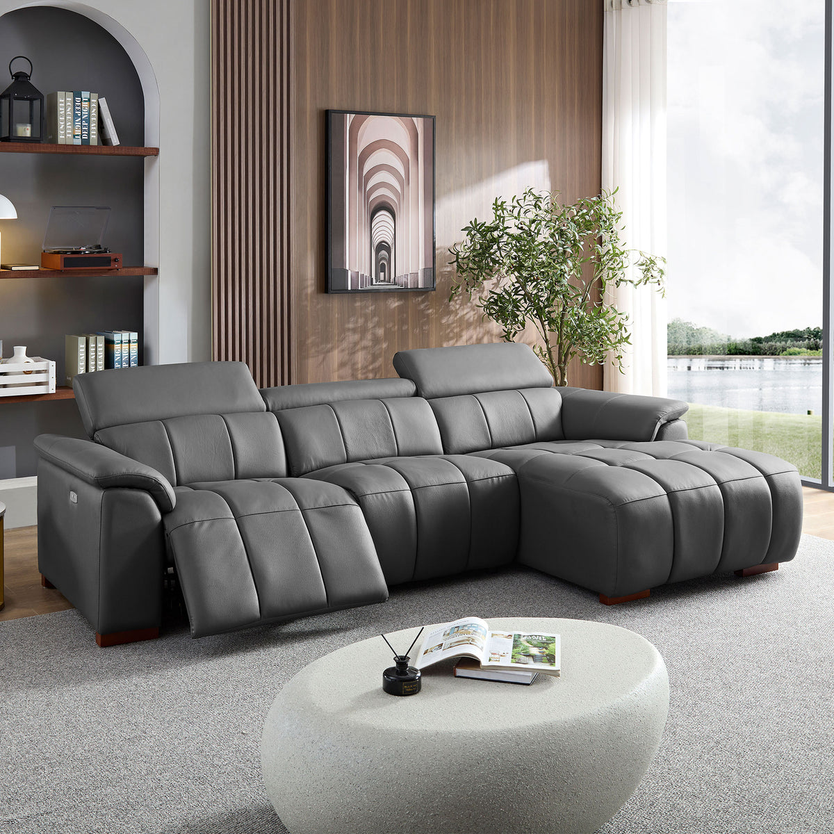 Modern Electric Wall-Hugger Reclining L-Shaped Leather Sofa with USB Port