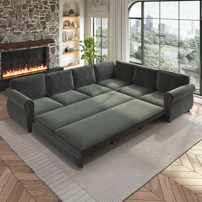 L-Shaped Chenille Sectional Sofa with Pull-Out Bed & Rolled Arm
