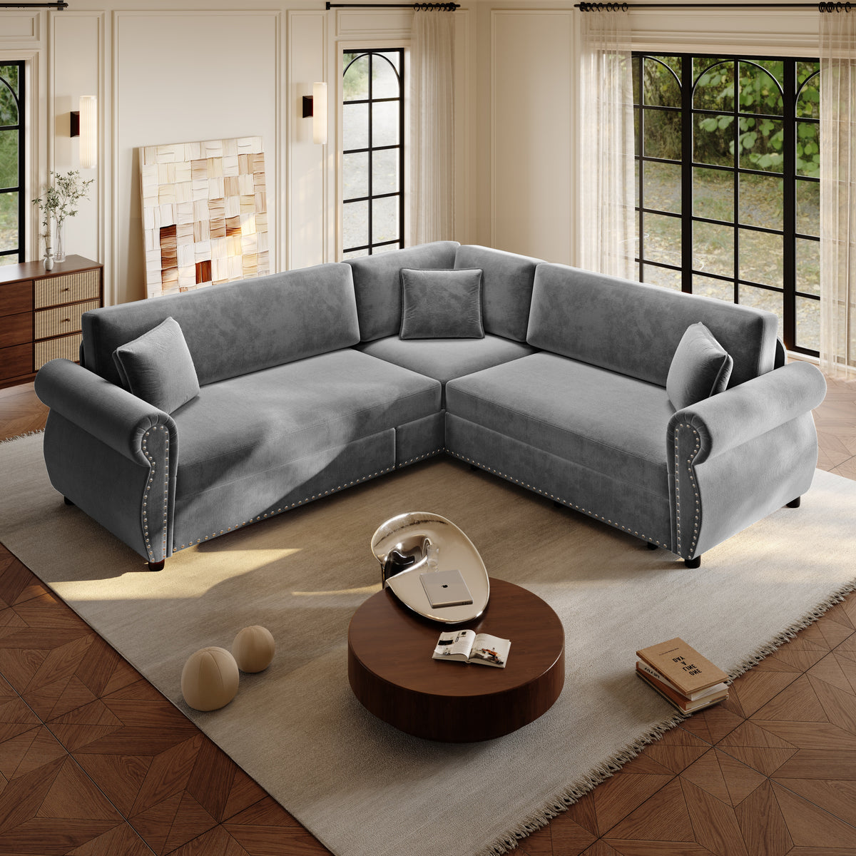 88.2" L-Shaped Chenille Sectional Sofa with Pull-Out Bed & Rolled Arm