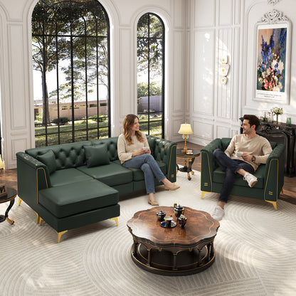 4 Pillows Light Luxury Chesterfield Sofa, Faux Leather, Button Tufting, Metal Trim Armrests & Thin Metal Legs