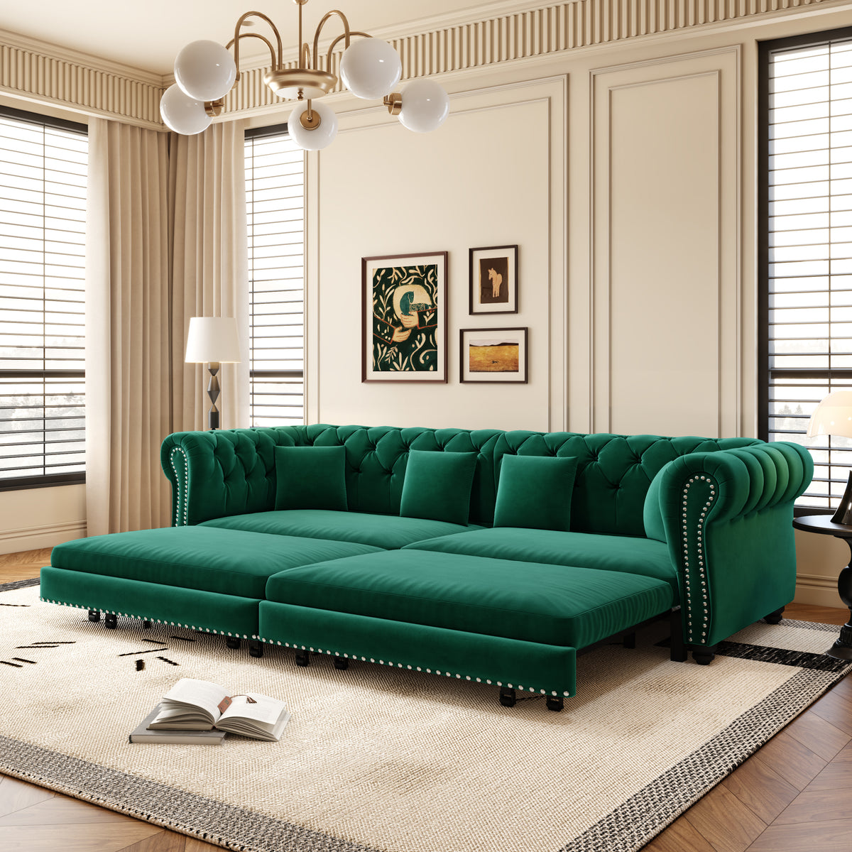 89" 3-Seater Velvet Chesterfield Sofa Bed with Movable Ottoman