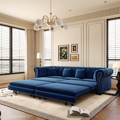 89" 3-Seater Velvet Chesterfield Sofa Bed with Movable Ottoman